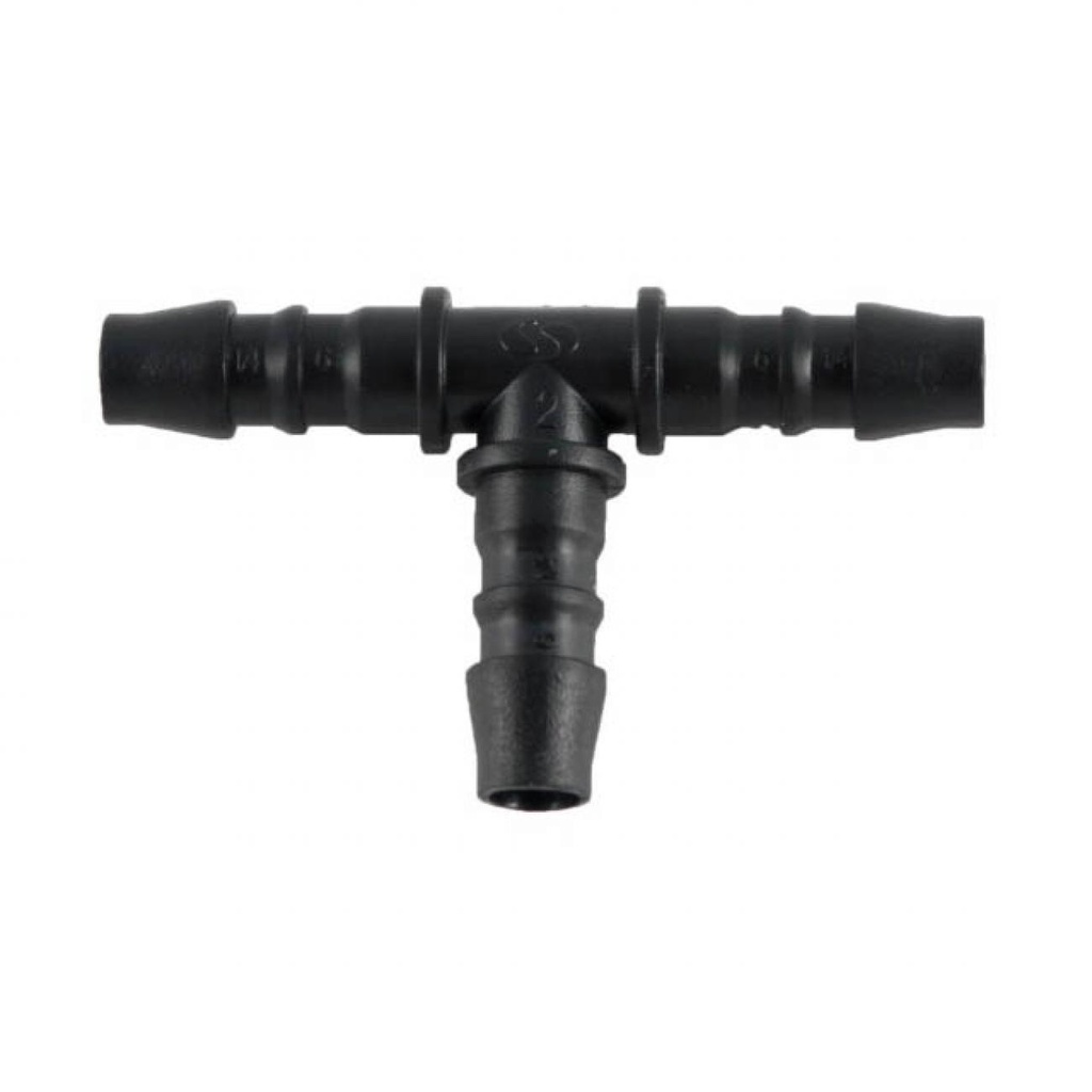 T-connector for Ø6 mm clear PVC hose.