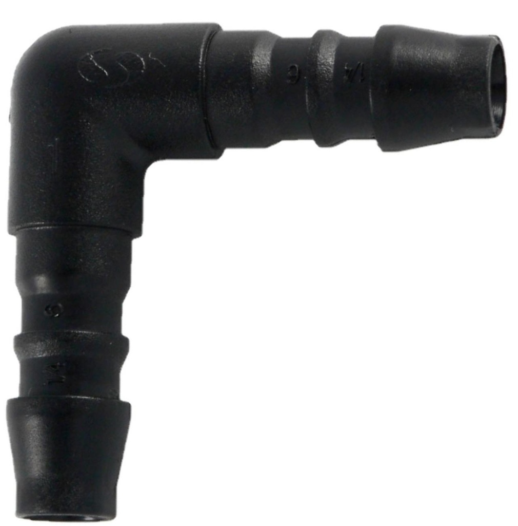 90° elbow connector for Ø6 mm clear PVC hose.