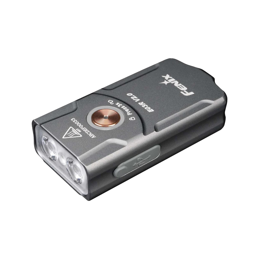 The Fenix E03R V2.0 keychain flashlight. Max. 500 lm. IP66 rated.