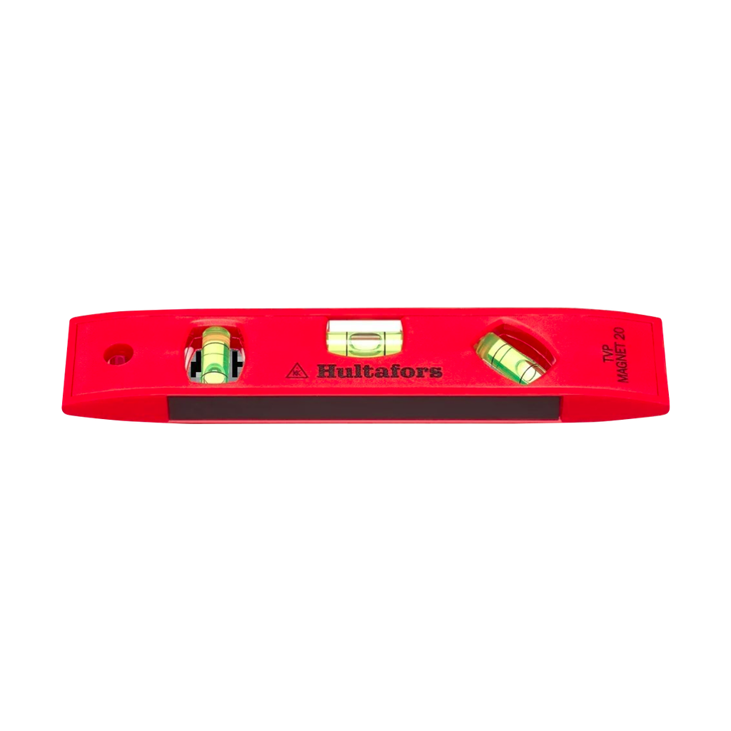 An impact resistant spirit level 20 cm in red ABS plastic with magnets.