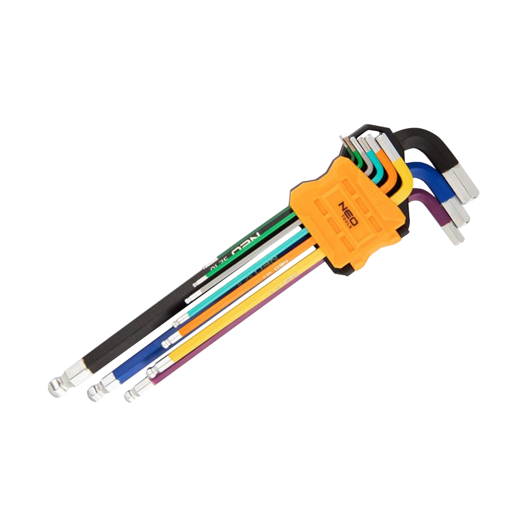 Hex key set. Includes 9 keys sized 1.5 to 10 mm.