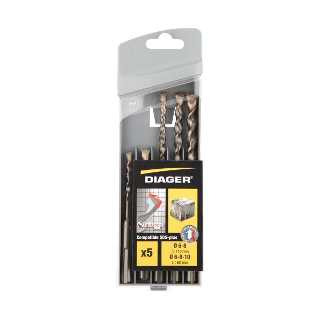 Set of 5 Twister SDS+ drill bits sizes Ø6-8 x110 mm, Ø6-8-10mm x160 mm.