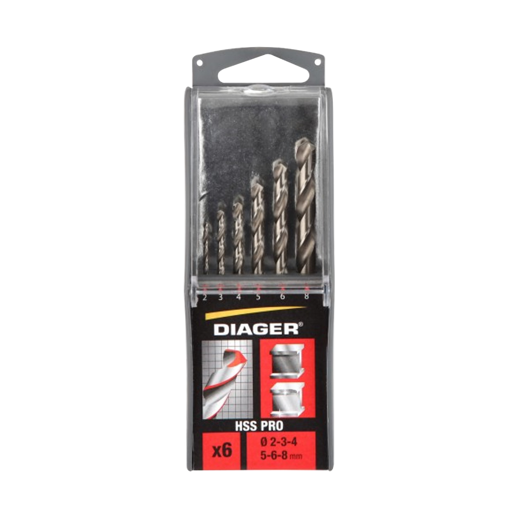 Set of 6 HSS PRO drill bits 118° split point sizes Ø2-3-4-5-6-8 mm.