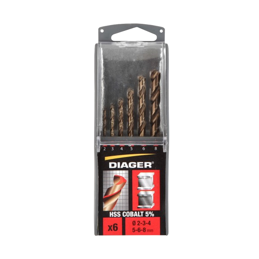 Set of 6 HSS 5% Cobalt drill bits 135° split point sizes Ø2-3-4-5-6-8 mm.