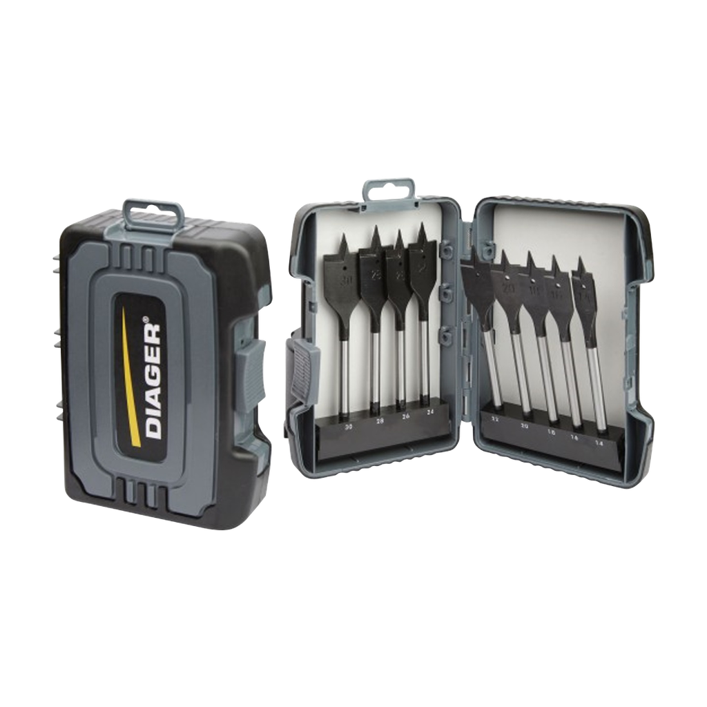 Set of 9 flat wood drill bits 1/4" sizes Ø14-16-18-20-22-24-26-28-30 mm.