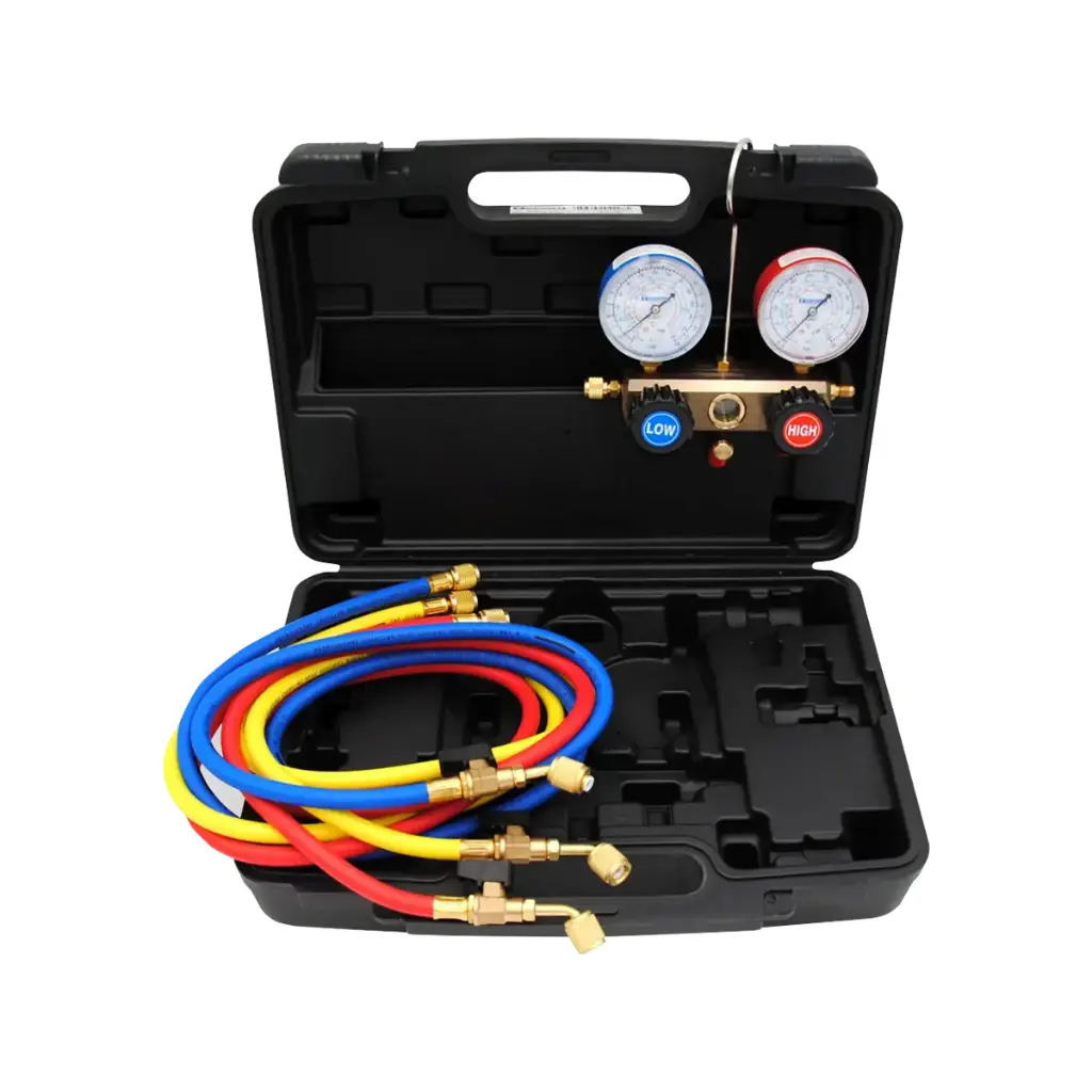 Manifold set in the protective plastic case. Includes 4-way manifold.