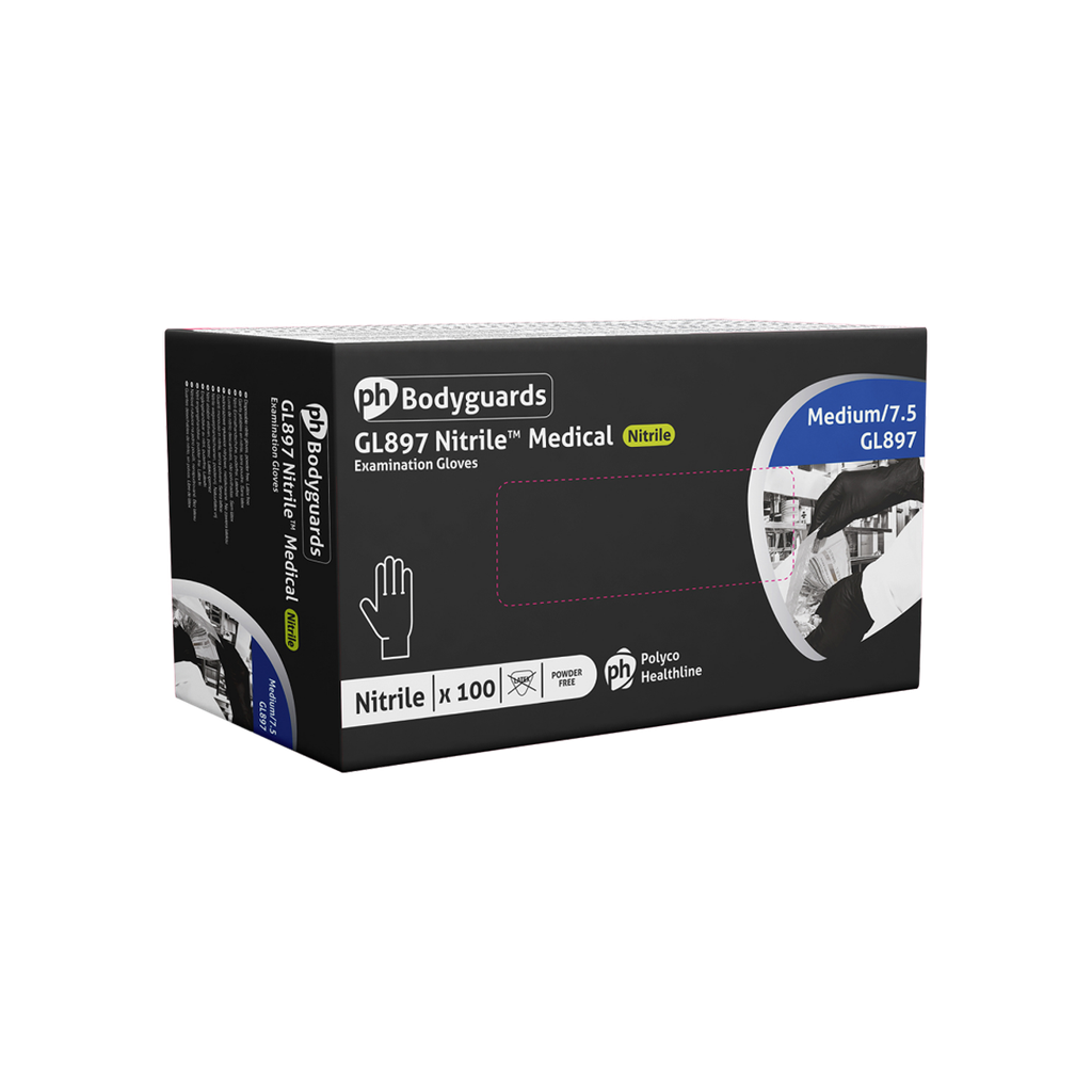 POLYCO disposable nitrile gloves, powder-free.