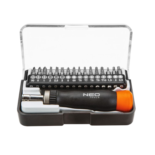 [03-04228] Screwdriver set with handle and 16 double sided 30 mm driver bits.