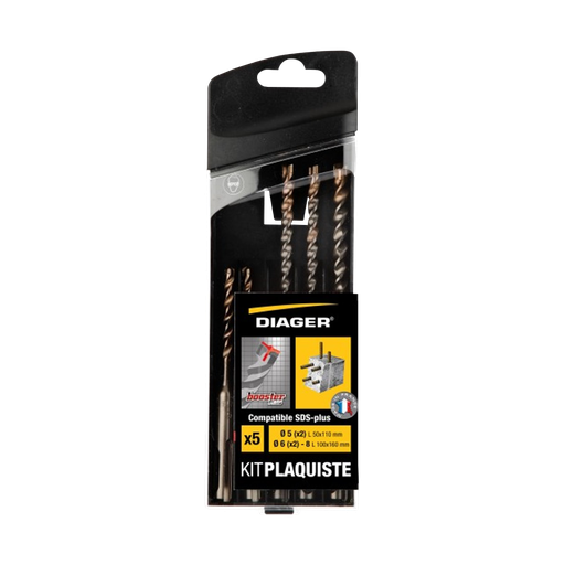 [33-115C] Sæt med 7 Booster SDS+ bor, størrelser Ø5–6–8 × 110 mm og Ø6–8–10–12 × 160 mm.