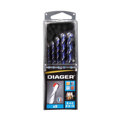 [33-215B] Set of 5 Multi-purpose drill bits sizes Ø4-5-6-8-10 mm.