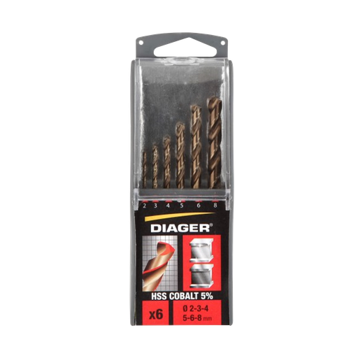 [33-706C] Set of 6 HSS 5% Cobalt drill bits 135° split point sizes Ø2-3-4-5-6-8 mm.