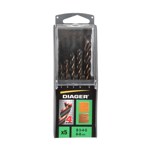 [33-910D] Set of 5 drill bits for wood PRO sizes Ø3-4-5-6-8 mm.