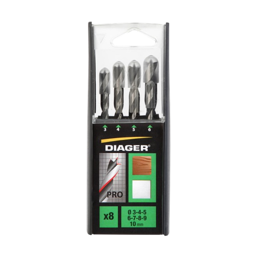 [33-917B] Set of 8 wood drill bits 3 points sizes Ø3-4-5-6-7-8-9-10 mm.